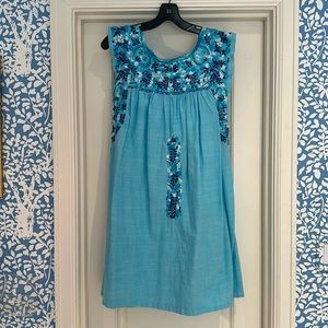 Mi Golondrina Flores Dress, Blue/Turquoise, Size Medium